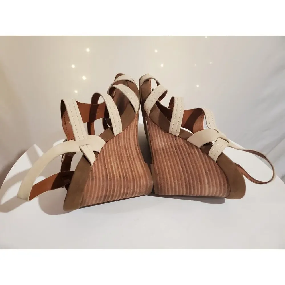 Franco Sarto Honduras Stacked Wedge Open Toe Leather Sandals Womens Size 9 Cream